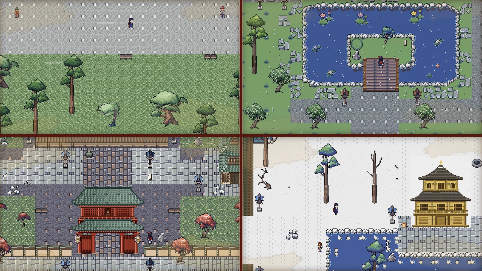 四季のゲーム画面を四つ並べたもの。春は御苑の砂利道、夏は雨の南禅院の蓮池、秋は嵐山・清凉寺の朱の山門、冬は雪の金閣。